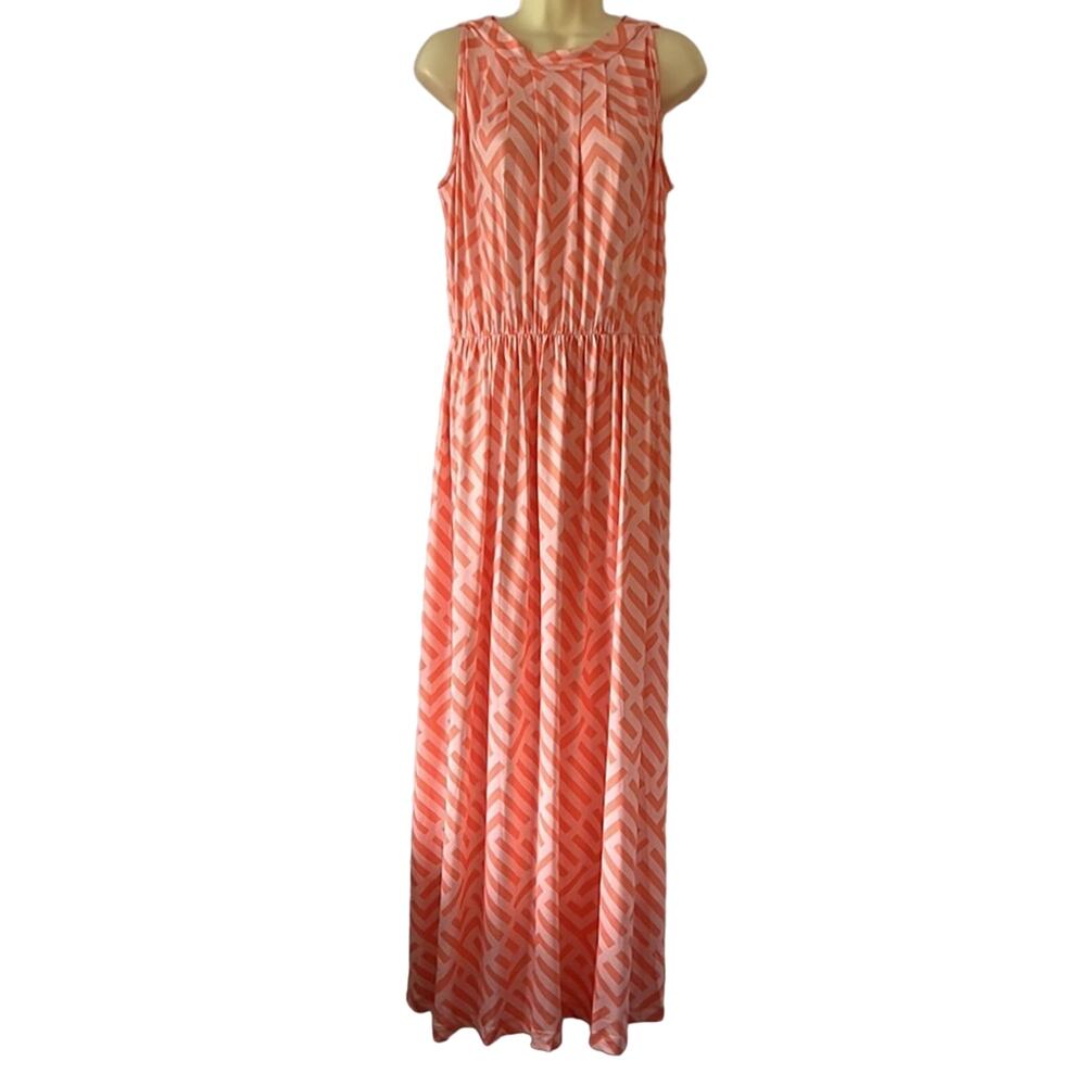 Koh Koh Coral Orange Print Slinky Knit Maxi Dress NWT Woman Size Large Summer